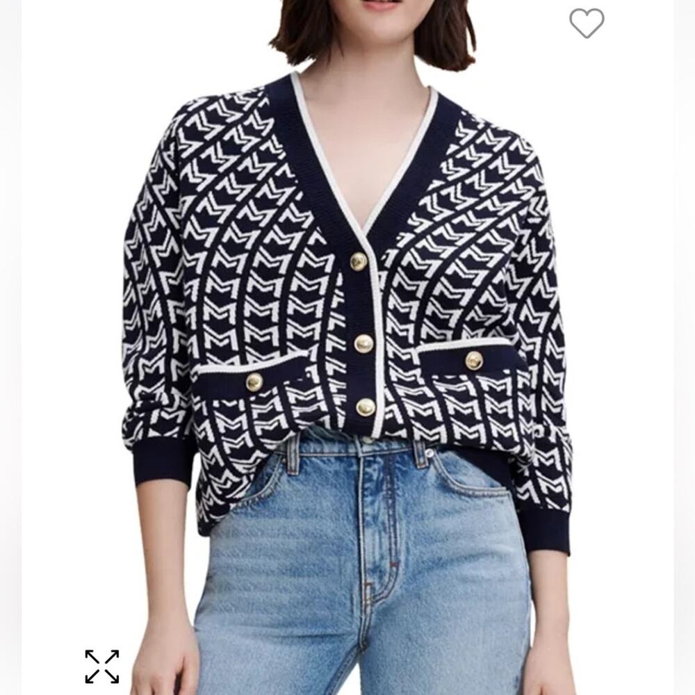 Maje Monogram jacquard cardigan house web old money preppy navy blue white S